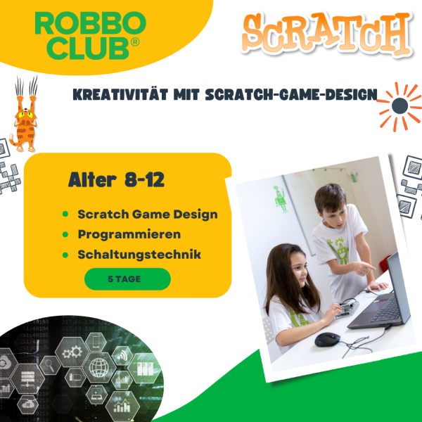 Banner für das Sommercamp "Scratch Game Design" mit zwei Schülern des Robbo Clubs am Laptop, Scratch Logo und kurze Programmübersicht