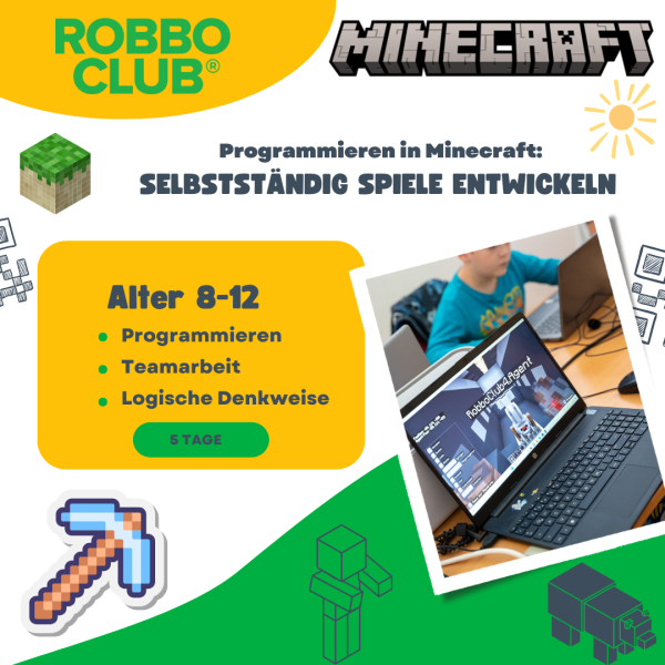 Banner für das Minecraft Sommercamp mit Minecraft-Logo und einem Schüler des Robbo Clubs, der in Minecraft programmiert