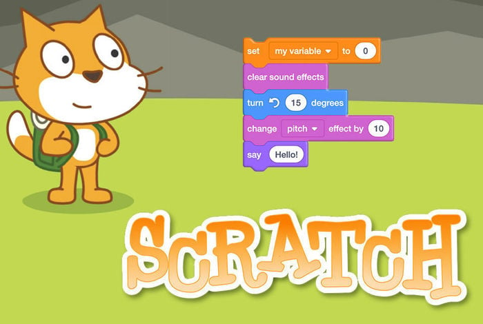 Scratch Logo mit Scratch-Held und Scratch-Blöcken