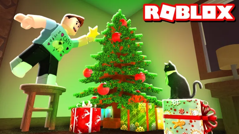 Bild auf der Seite des Roblox Weihnachtslagers, Spielcharakter schmückt den Weihnachtsbaum