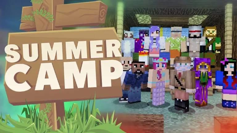 Minecraft-Helden und die Aufschrift "Sommercamp"