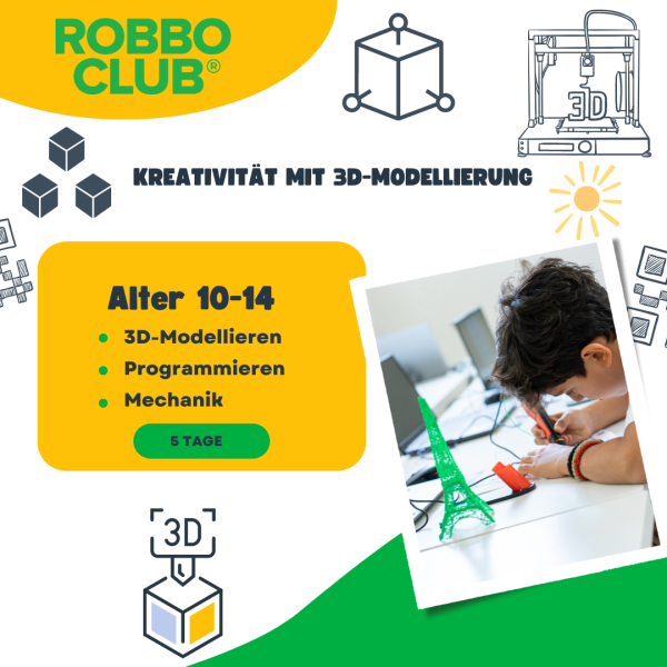 Banner für den Sommercamp-Bereich für 3D-Modellierung, Schüler des Robbo Clubs und kurze Programmübersicht
