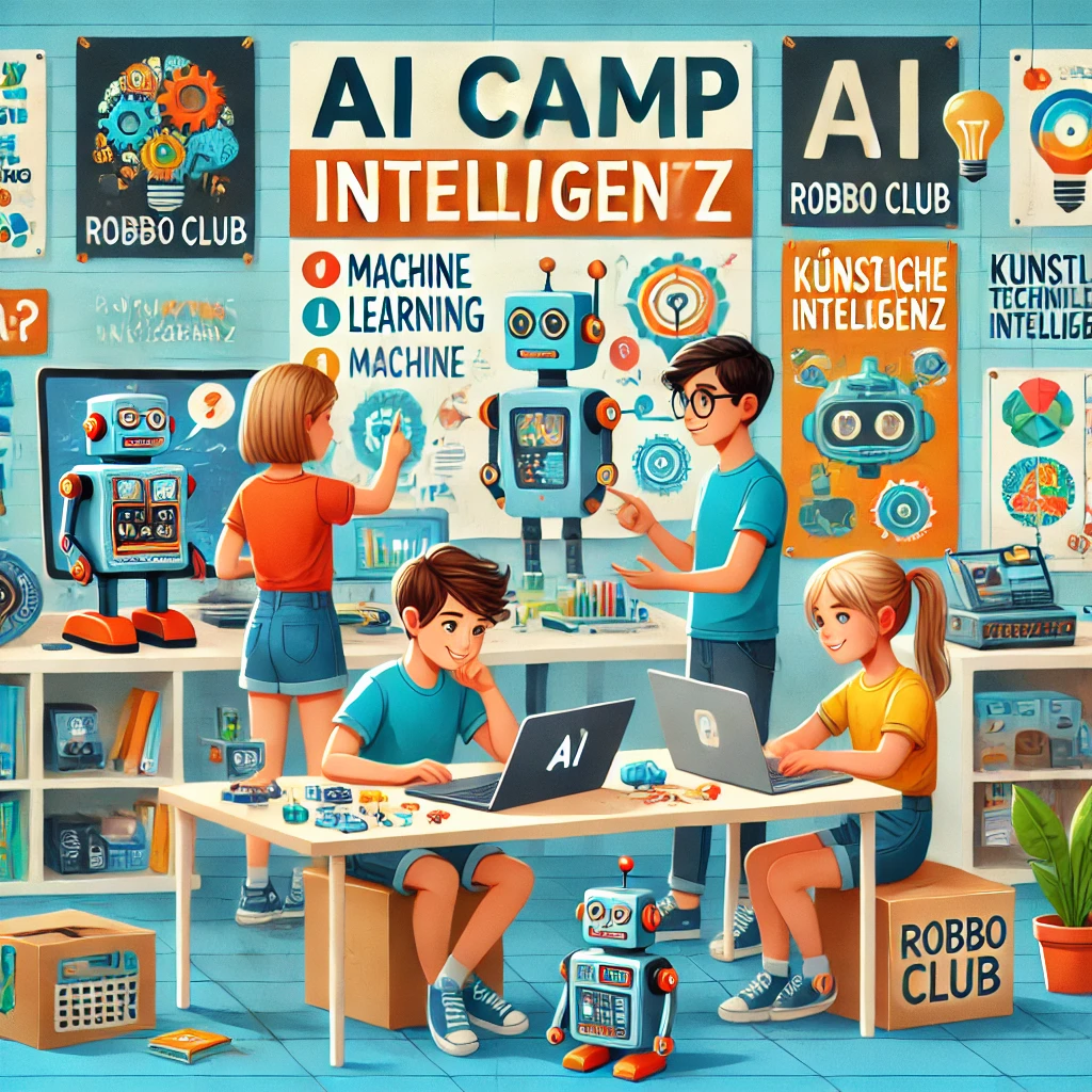 Kinder im AI Semestercamp im Robbo Club, die an künstlicher Intelligenz arbeiten