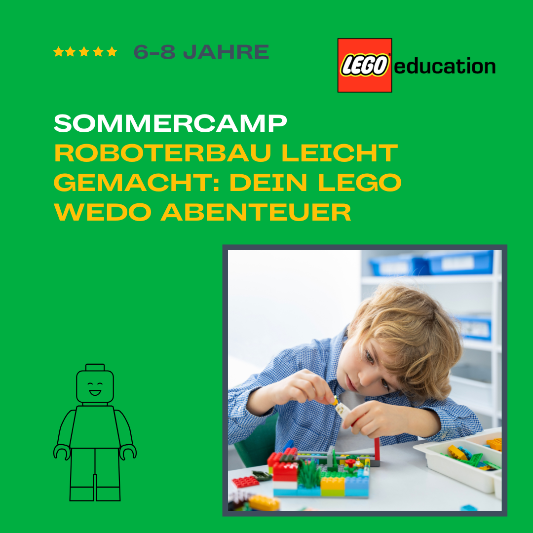 Kind im LEGO WeDo Sommercamp, das mit LEGO-Bausteinen einen Roboter baut