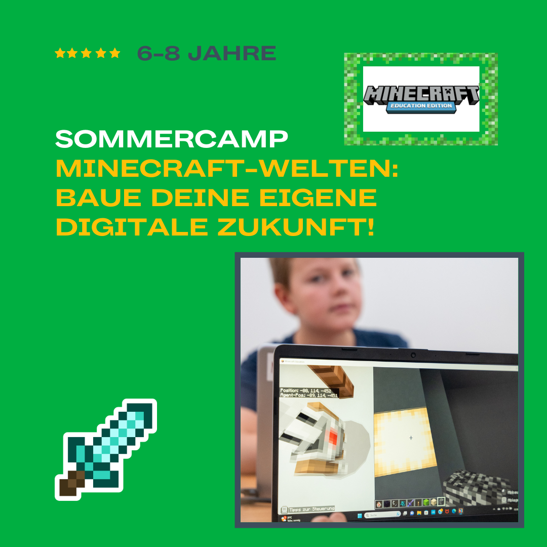 Kind im Robbo Club Sommercamp lernt, digitale Welten mit Minecraft Education zu gestalten