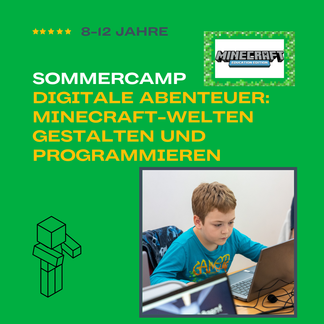 Kind im Minecraft Sommercamp gestaltet und programmiert digitale Welten