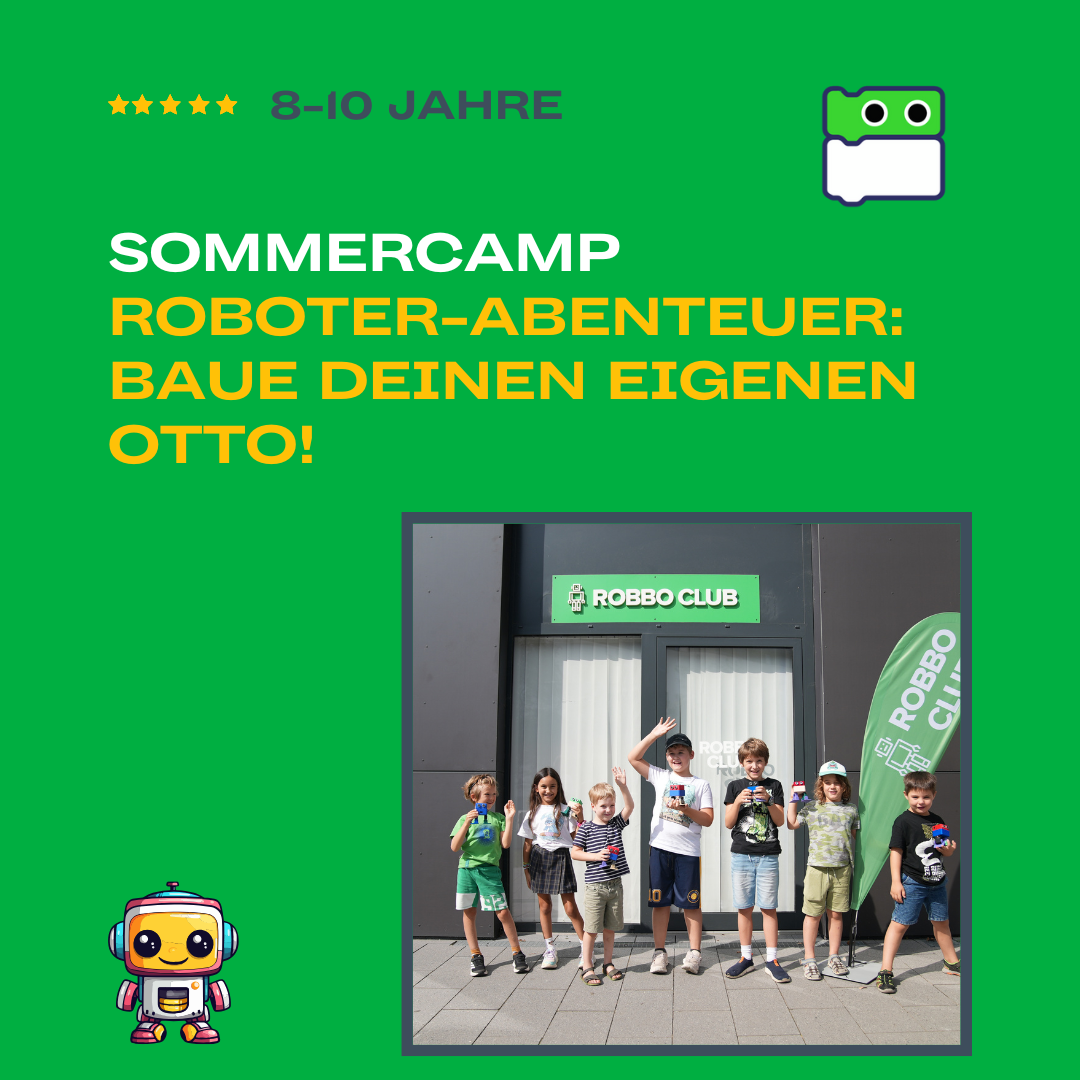 Kinder beim Sommercamp Roboter-Abenteuer im Robbo Club, halten ihre selbstgebauten Roboter OTTO