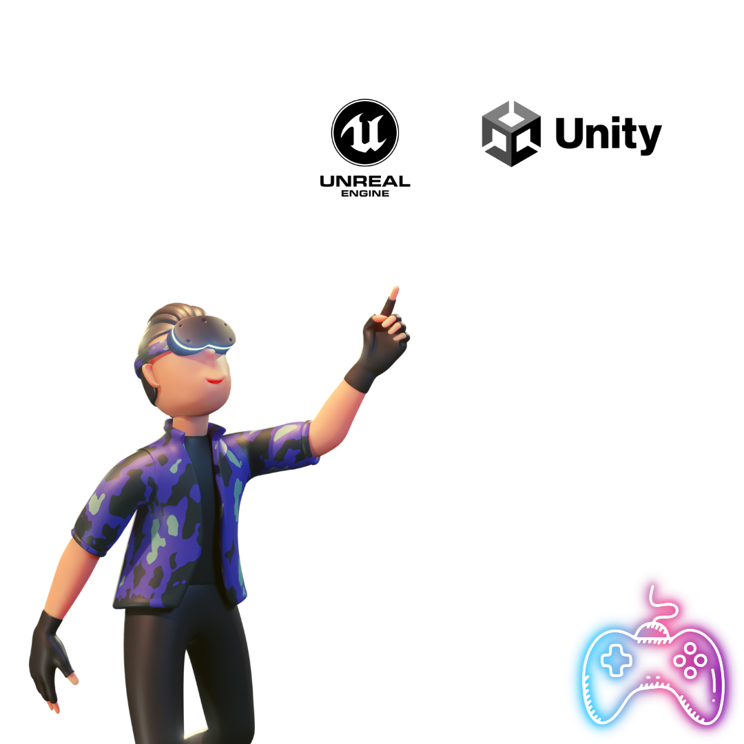 Junge Person mit VR-Headset und Gamecontroller, zeigt auf Unity-Logo, bereit für immersive 3D-Spieleentwicklung.