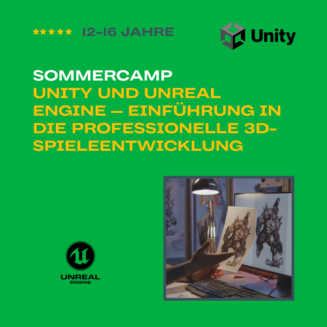 Jugendlicher arbeitet an 3D-Designs auf einem Computer mit Unity und Unreal Engine im Sommercamp.