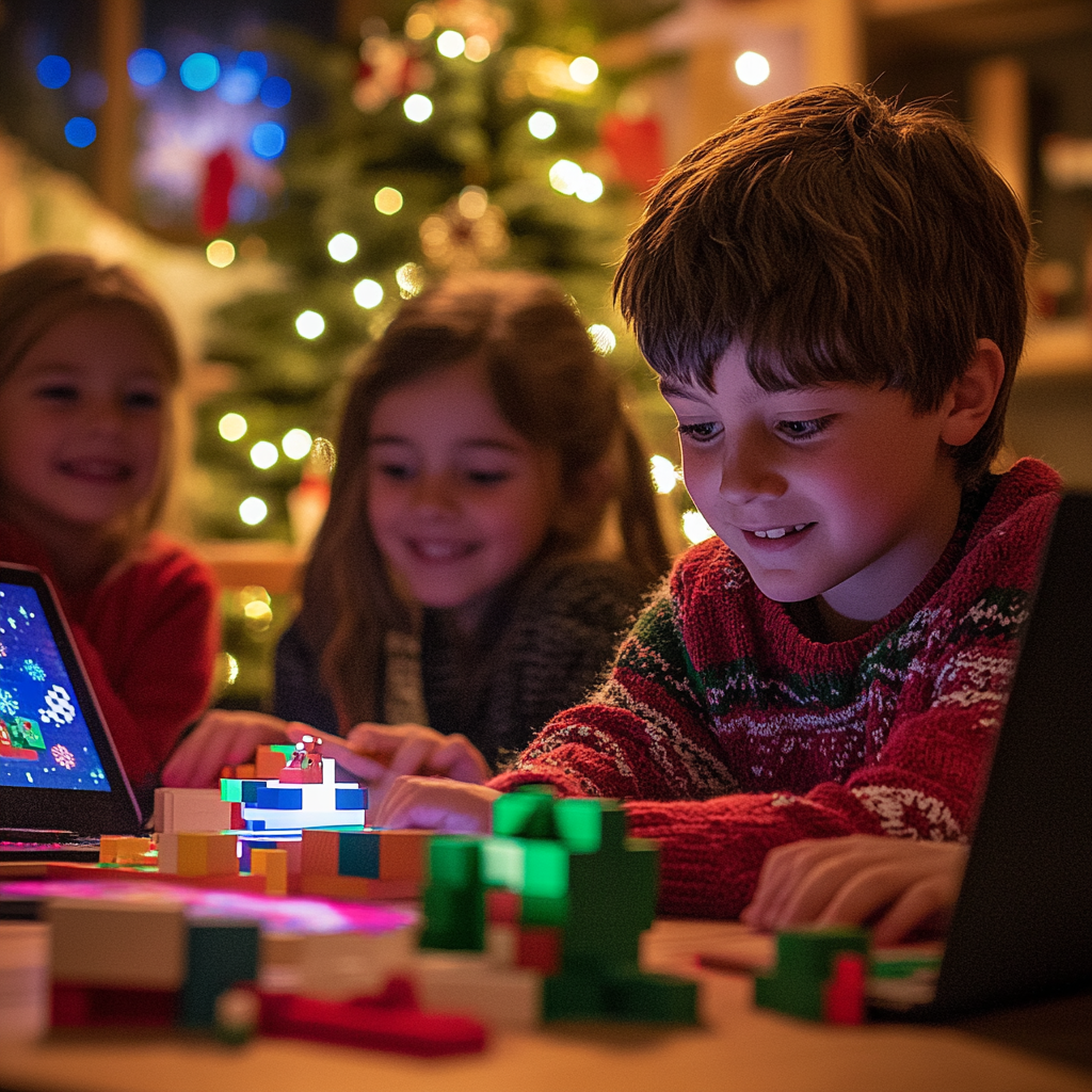 Kinder beim festlichen Programmieren in Minecraft-Umgebung zu Weihnachten.