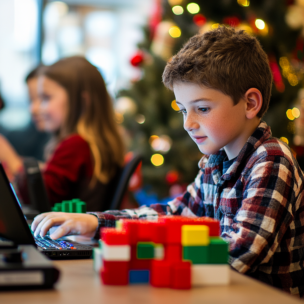Ein Junge programmiert konzentriert am Laptop in einer weihnachtlich dekorierten Umgebung.