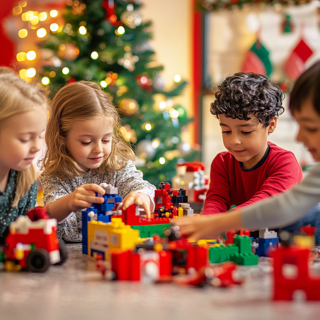 Kinder bauen mit LEGO im weihnachtlich geschmückten Raum