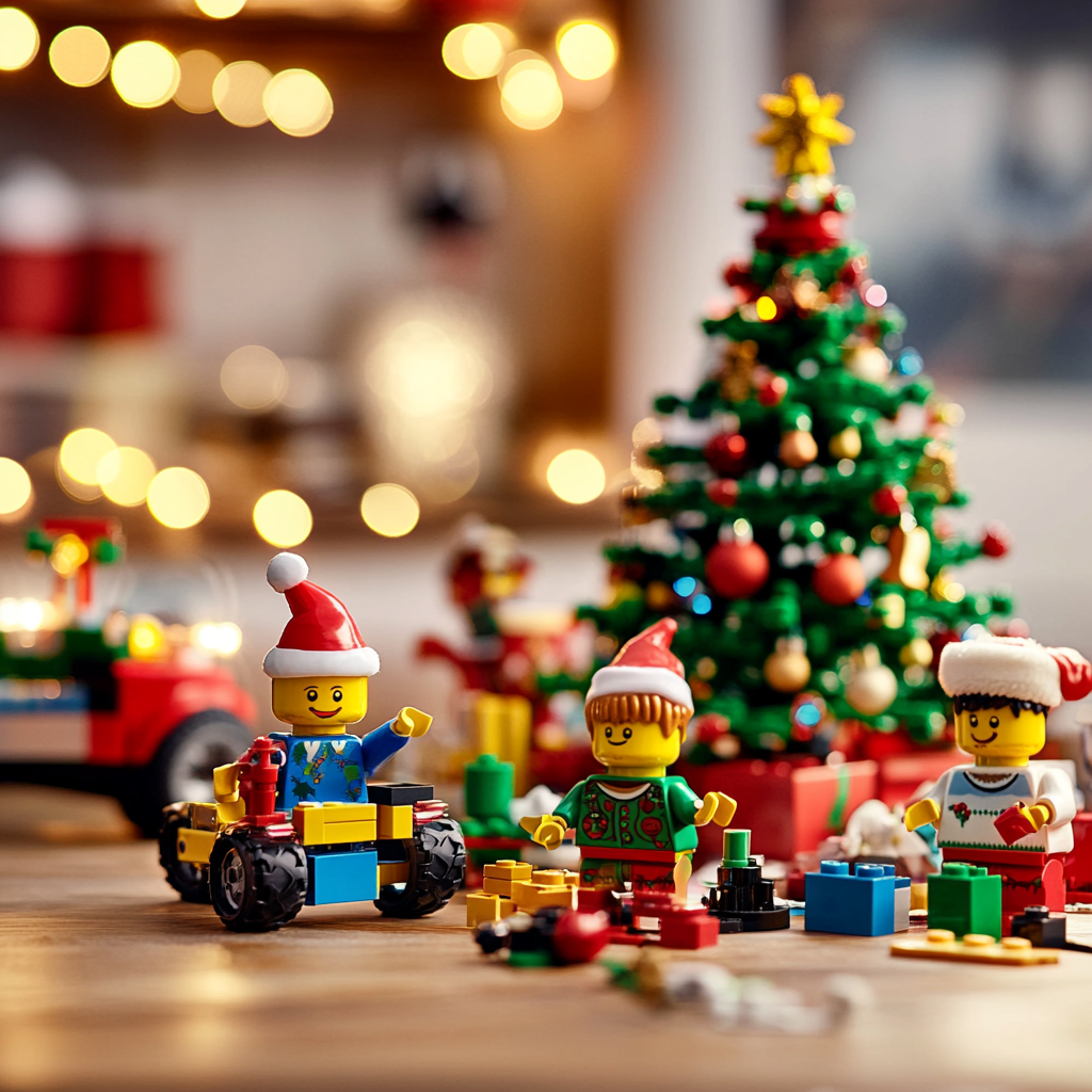 LEGO-Figuren mit Weihnachtsmützen bauen festliche Szenen vor einem geschmückten Weihnachtsbaum.