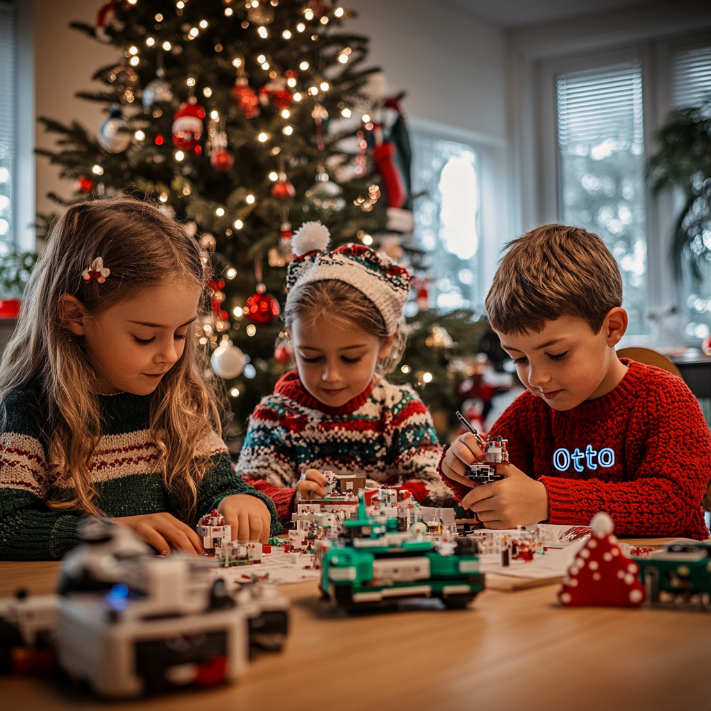 Kinder basteln Weihnachtsgeschenke und programmieren einen kleinen Roboter „Otto“ in einem festlichen Workshop mit einem geschmückten Weihnachtsbaum im Hintergrund.