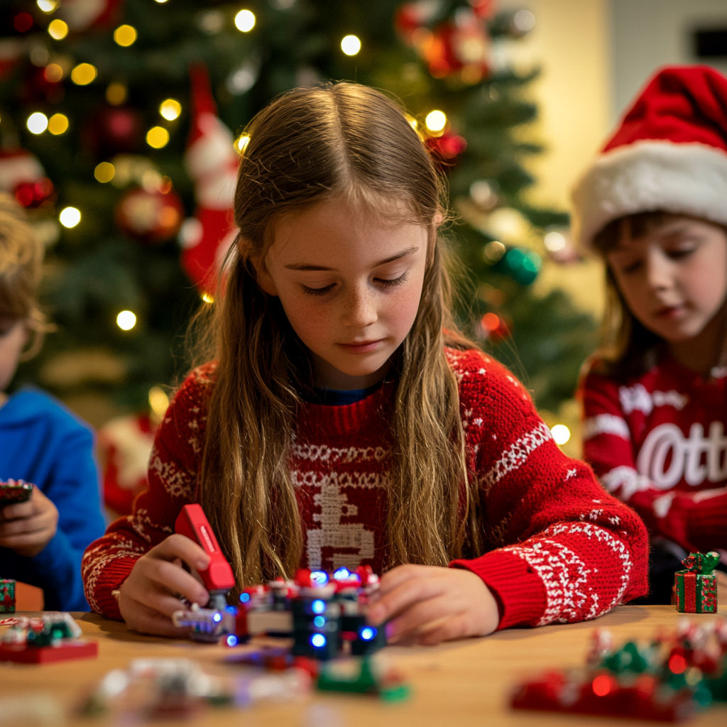 Ein Mädchen im Weihnachtspullover arbeitet an einem kreativen Projekt im festlichen Workshop.