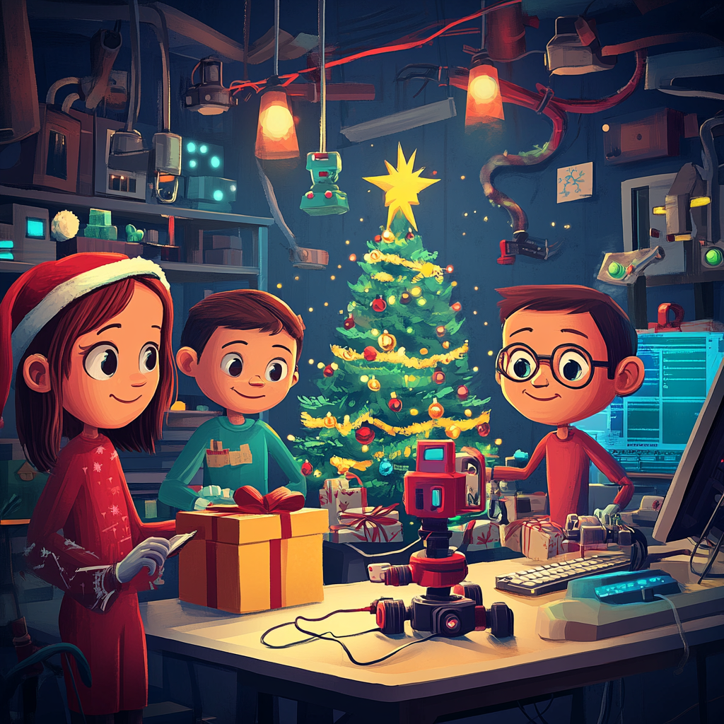 Kinder feiern Weihnachten in einem Robotik-Labor und arbeiten an festlichen Roboterprojekten mit einem Weihnachtsbaum im Hintergrund.
