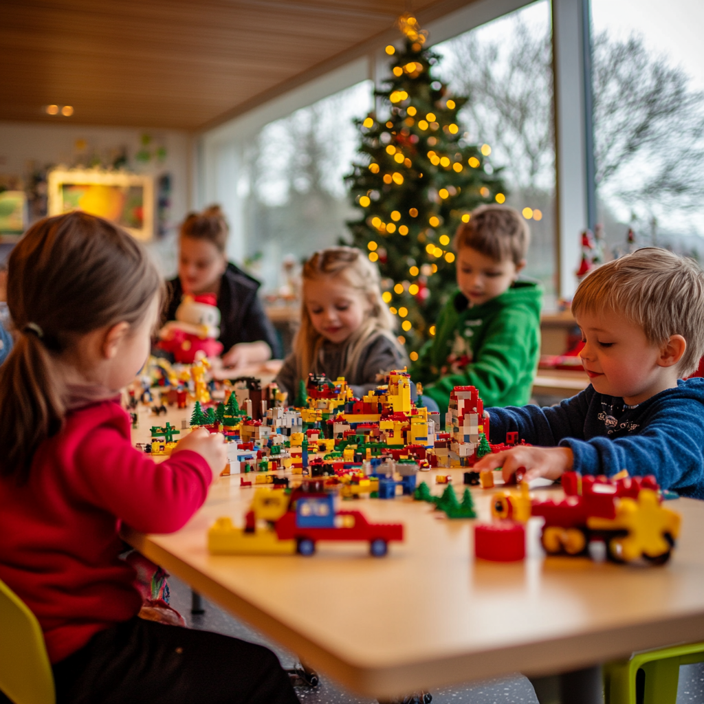 Kinder bauen festliche LEGO-Konstruktionen an einem Tisch, im Hintergrund ein Weihnachtsbaum mit Lichtern.