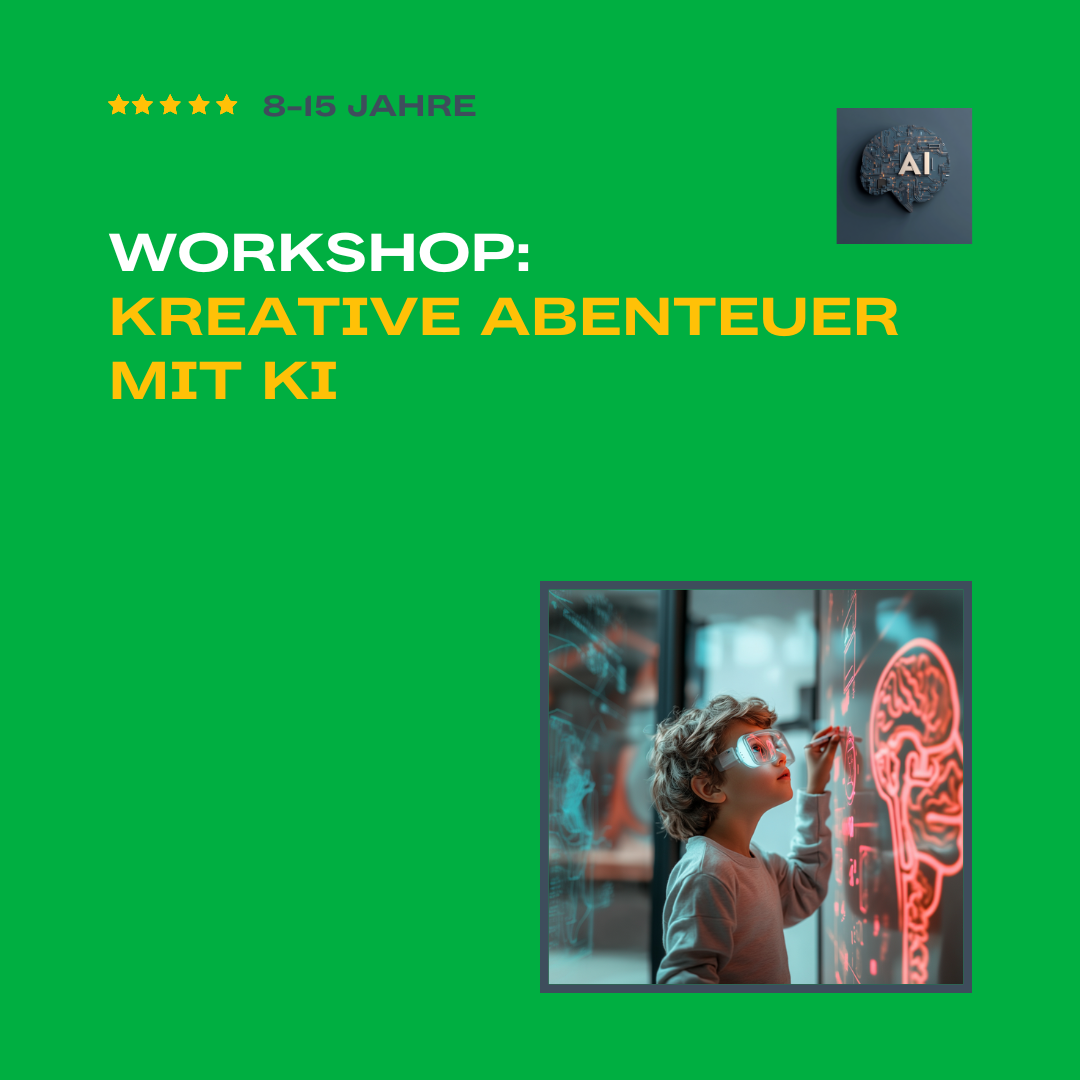 Ein Kind zeichnet auf einem interaktiven Panel mit einer Darstellung eines Gehirns, das den kreativen Prozess mit Künstlicher Intelligenz im Workshop 'Kreative Abenteuer mit KI' symbolisiert.