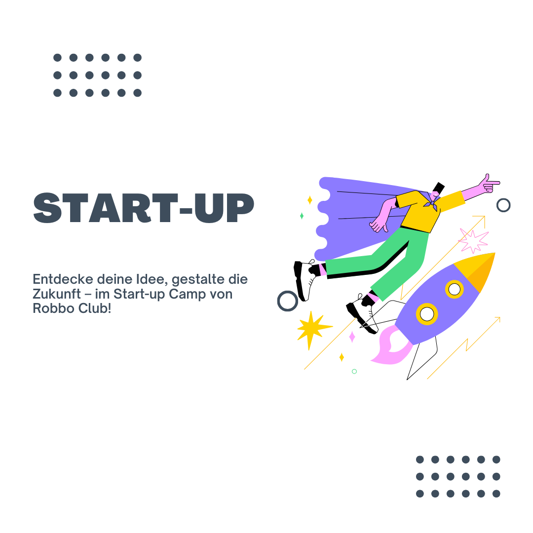 Illustration eines Start-up-Camps mit einer Person, die in Richtung einer Rakete fliegt, symbolisiert Innovation und Kreativität.