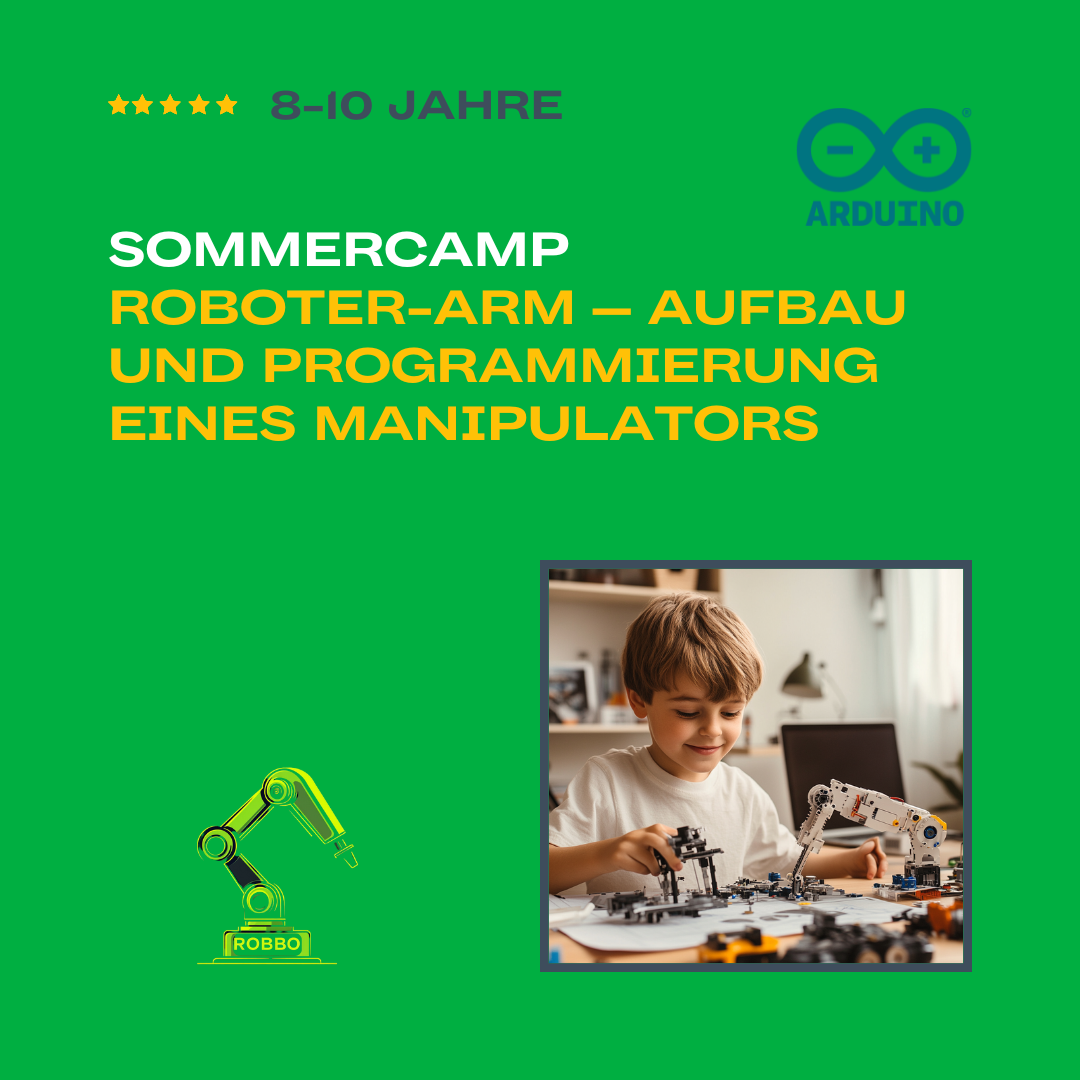 Werbegrafik für ein Sommer-Camp mit dem Schwerpunkt auf Bau und Programmierung eines Roboter-Arms für Kinder im Alter von 8 bis 10 Jahren.