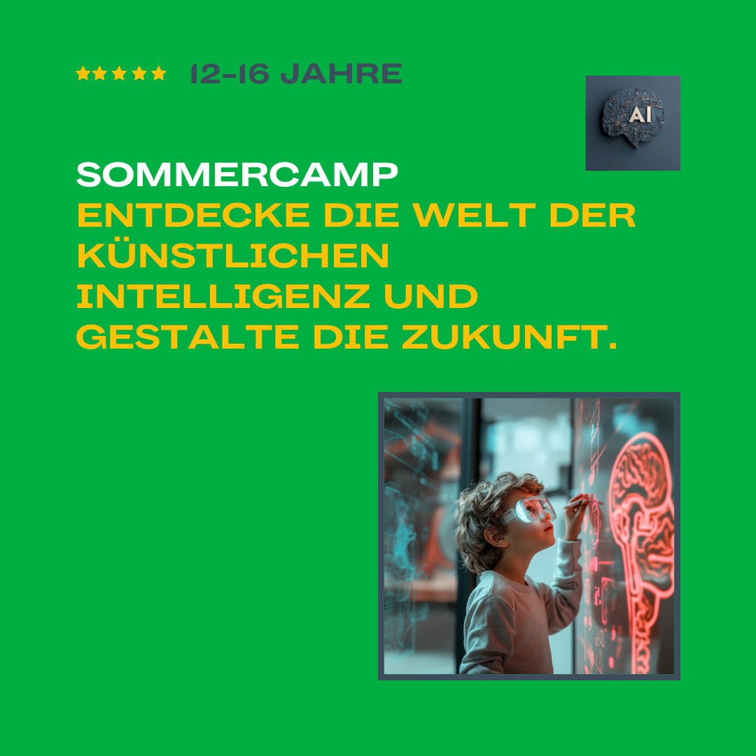 Werbegrafik für ein Sommer-Camp über Künstliche Intelligenz für Jugendliche im Alter von 12 bis 16 Jahren.