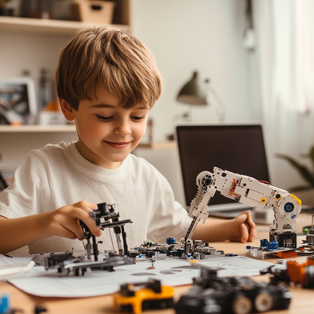 Ein Junge arbeitet begeistert an einem Roboter-Arm und nutzt dabei verschiedene Komponenten.
