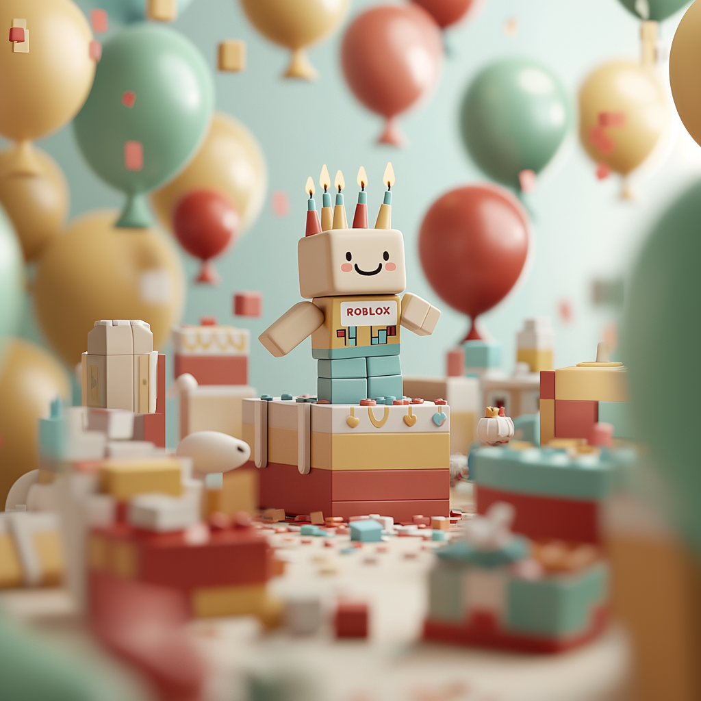 Fröhliche Roblox-Geburtstagsfeier mit einem niedlichen Roblox-Charakter, umgeben von bunten Ballons und Geschenken.