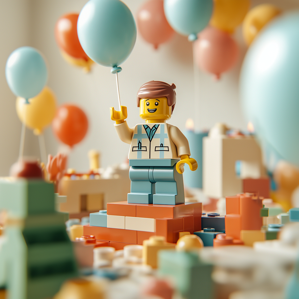 Lebhafte Lego-Geburtstagsfeier mit einer detailreichen Lego-Figur, die einen Ballon hält, umgeben von bunten Bausteinen und Dekorationen.