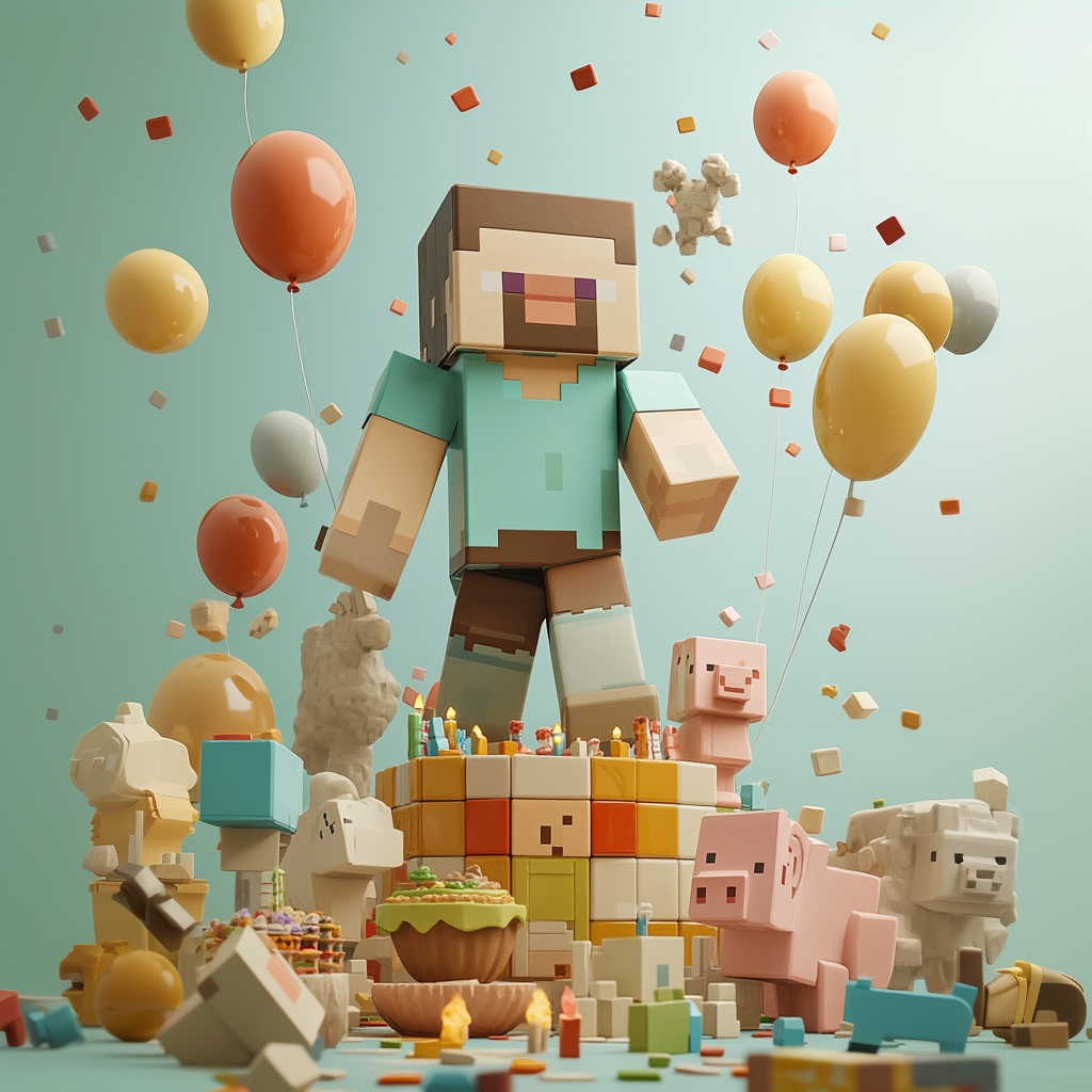 Minecraft-Figur mit Ballons und Tieren in einer festlichen Umgebung.