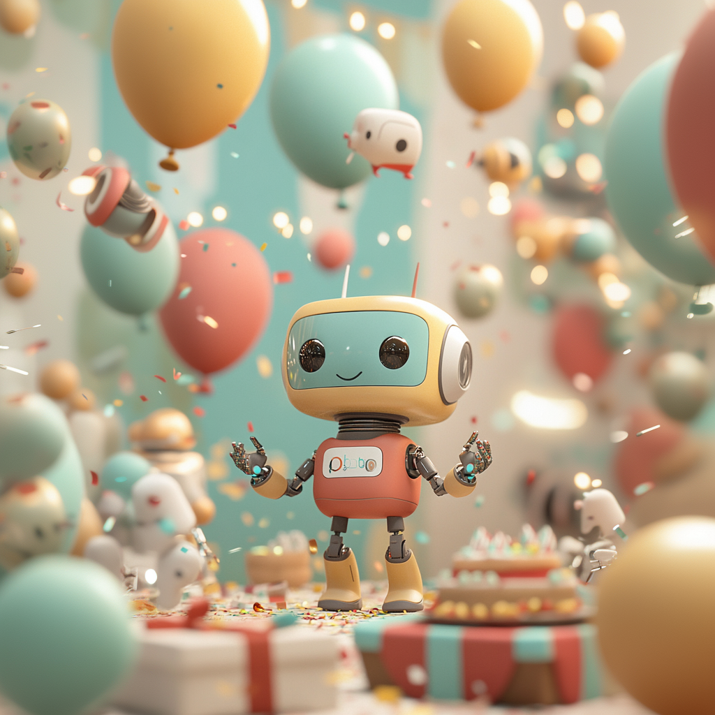 Fröhliche Roboter-Geburtstagsfeier mit bunten Ballons, Konfetti und niedlichen Roboterfiguren.