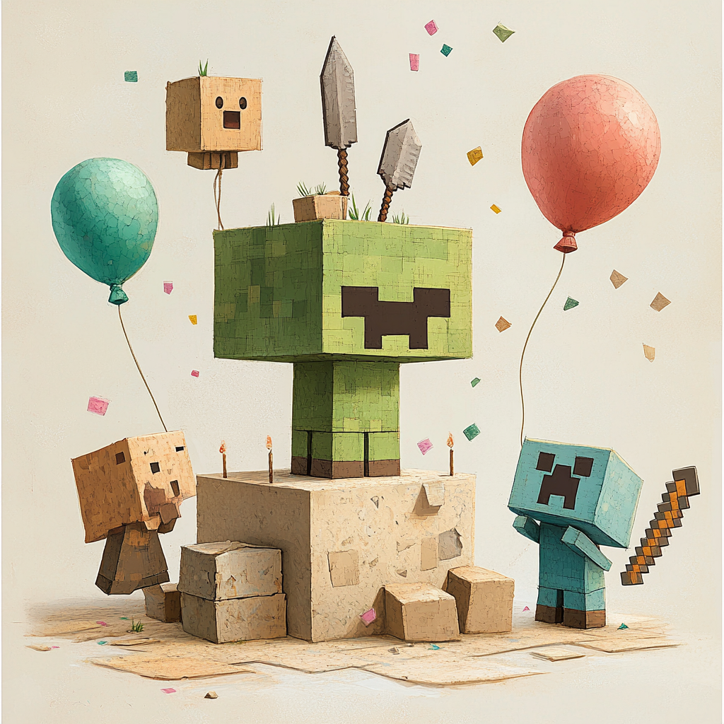 Minecraft-Geburtstagsfeier mit Charakteren und Ballons in pixeligem Stil.
