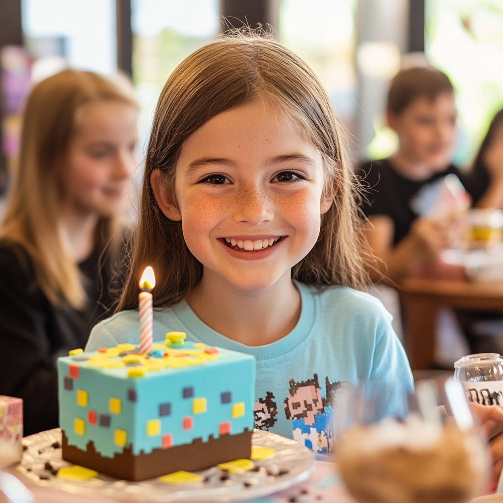 Mädchen feiert Geburtstag mit Minecraft-Themenkuchen.