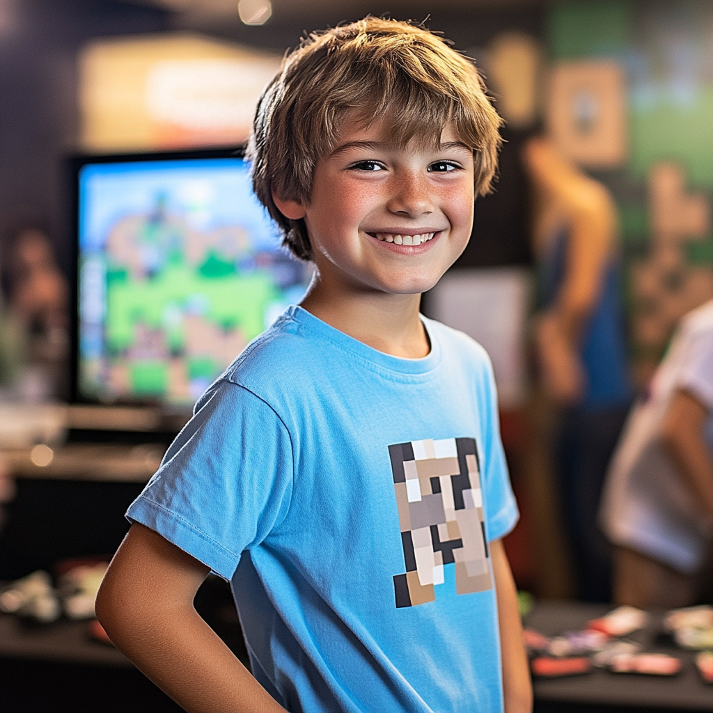 Junge bei einer Minecraft-Party mit einem Lächeln.