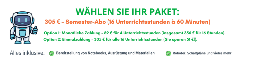 Angebot für ein Semester-Abo mit 16 Unterrichtsstunden und zwei Zahlungsoptionen.