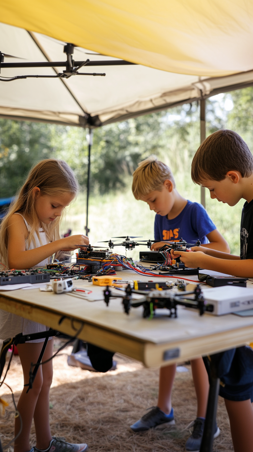 Kinder arbeiten im Freien an Drohnen und Elektronikprojekten.