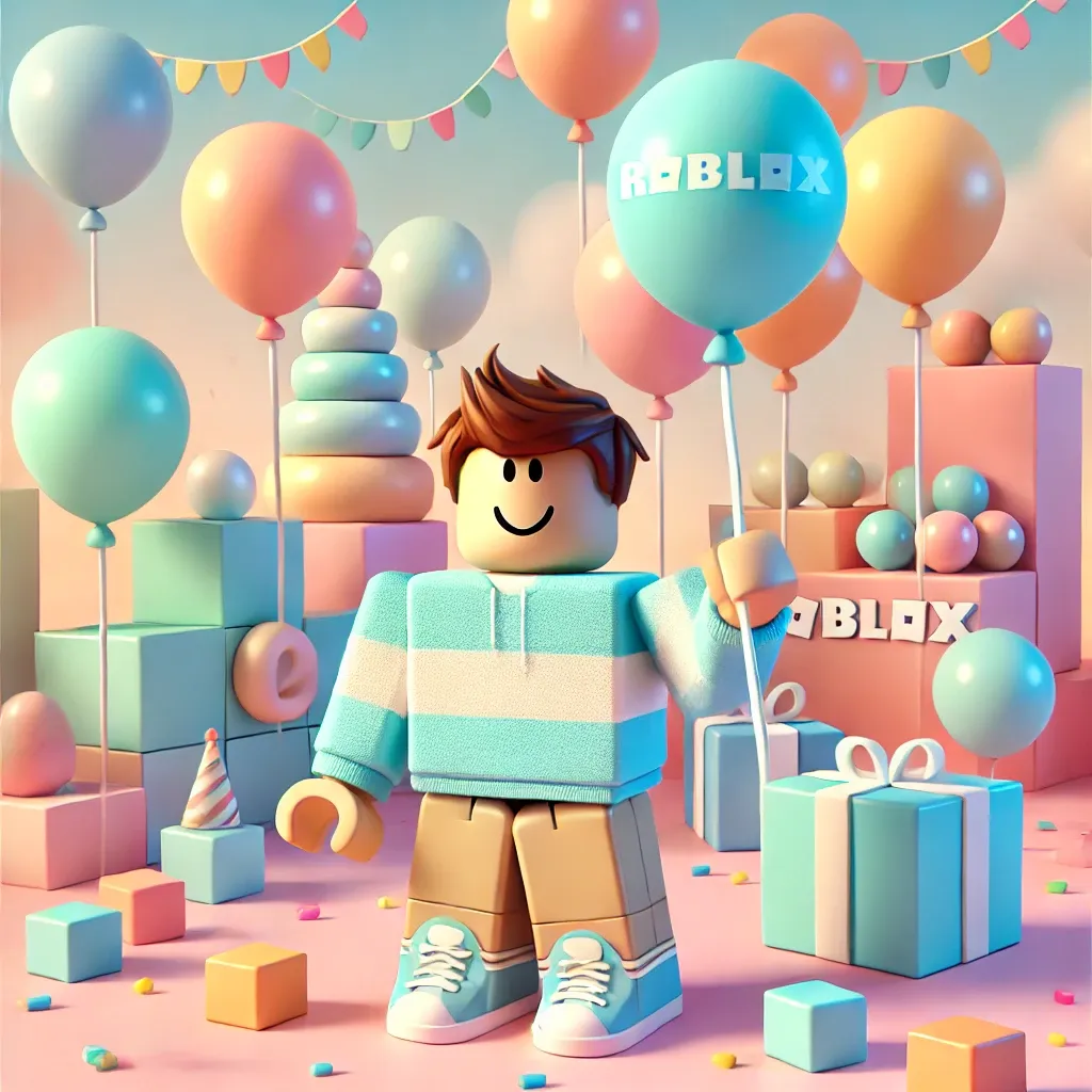 Eine fröhliche Roblox-Figur hält einen Ballon mit dem Roblox-Logo, umgeben von bunten Luftballons, Geschenken und Partydekorationen.