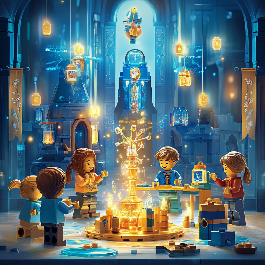 LEGO Hogwarts-Klassenzimmer mit zauberhafter Atmosphäre – LEGO-Figuren lernen und programmieren auf Tablets in einer detailreichen, magisch beleuchteten Umgebung.