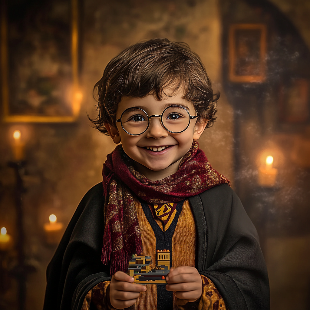 Ein fröhliches Kind in einem Hogwarts-Kostüm hält ein LEGO-Modell der Zauberschule, umgeben von einer magischen, kerzenbeleuchteten Atmosphäre.