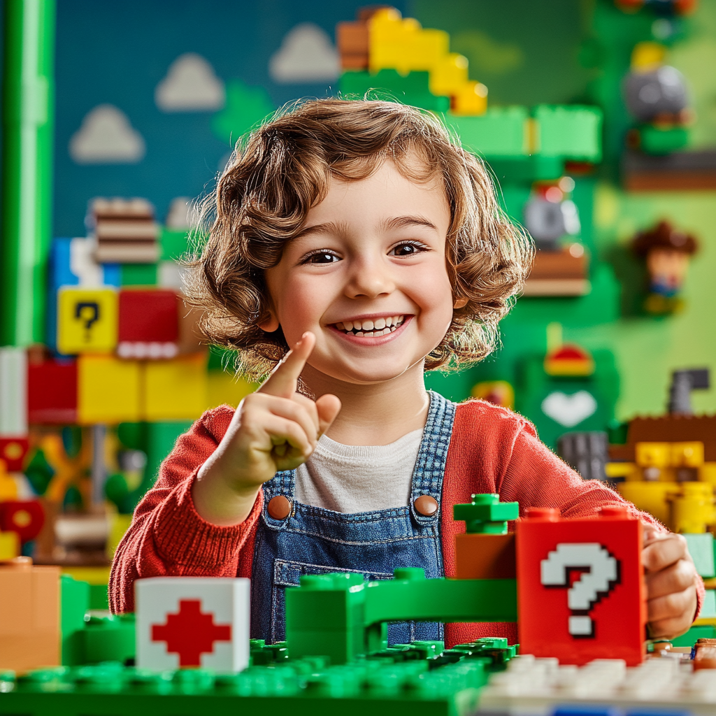 Ein fröhliches Kind spielt mit LEGO Super Mario Bausteinen und gestaltet sein eigenes Level.