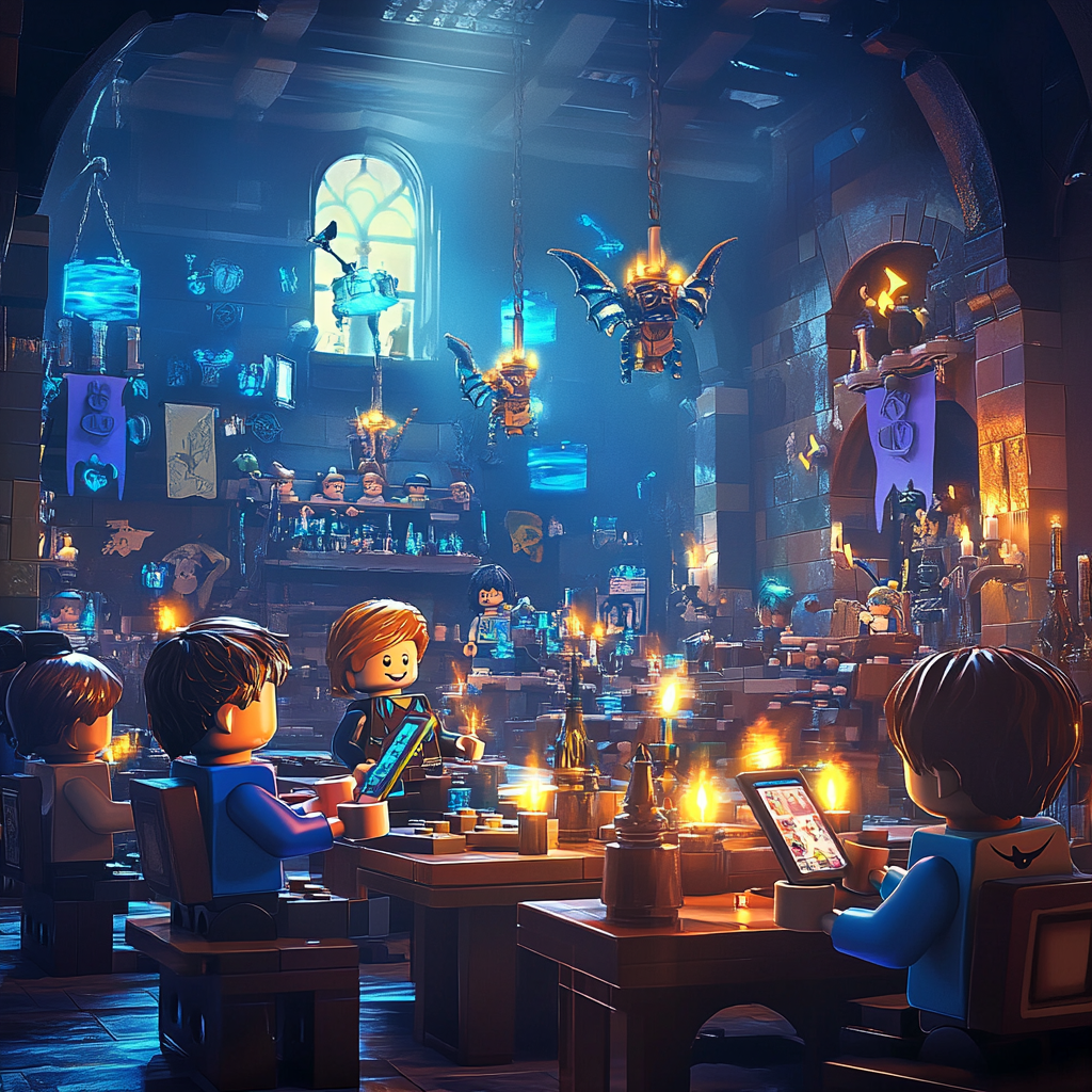 Detailreiche LEGO-Hogwarts-Szene mit magischer Atmosphäre – LEGO-Figuren programmieren auf Tablets in einer zauberhaften Umgebung mit Kerzenschein und magischen Kreaturen.