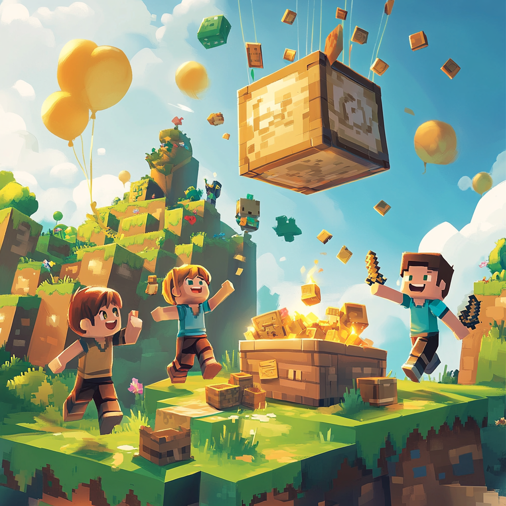 Minecraft-Geburtstagsparty mit Schatzsuche – Kinder entdecken eine Schatztruhe voller Pixel-Gold in einer farbenfrohen Blockwelt.