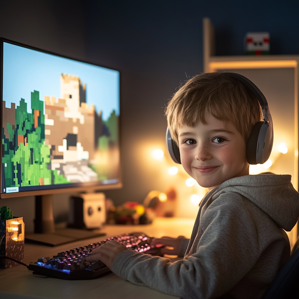 Ein fröhliches Kind spielt Minecraft an einem Computer mit Kopfhörern, umgeben von gemütlicher Beleuchtung.