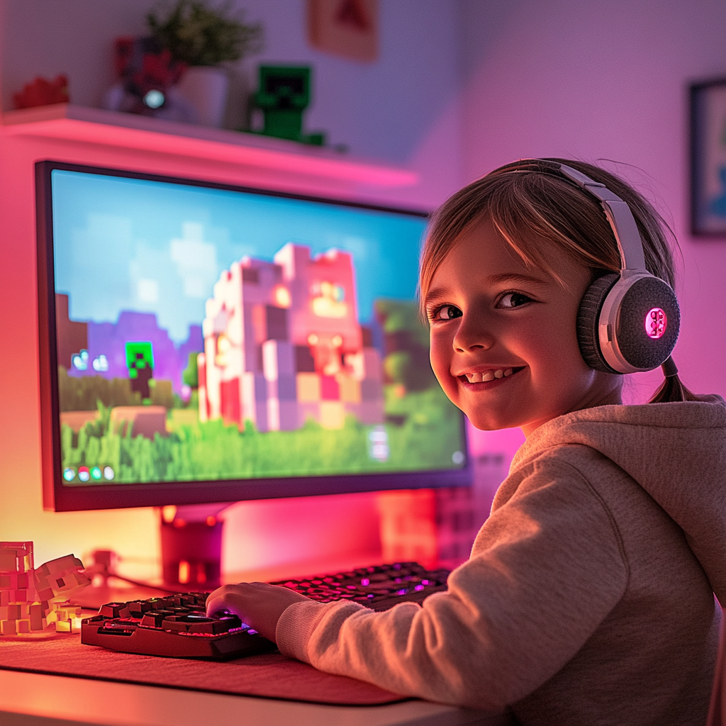 Ein lachendes Mädchen mit Kopfhörern spielt Minecraft an einem Computer, umgeben von warmem, farbenfrohem Licht.