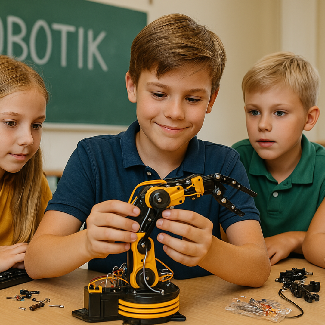 Kinder im Robbo Club arbeiten gemeinsam an einem programmierbaren Roboterarm.