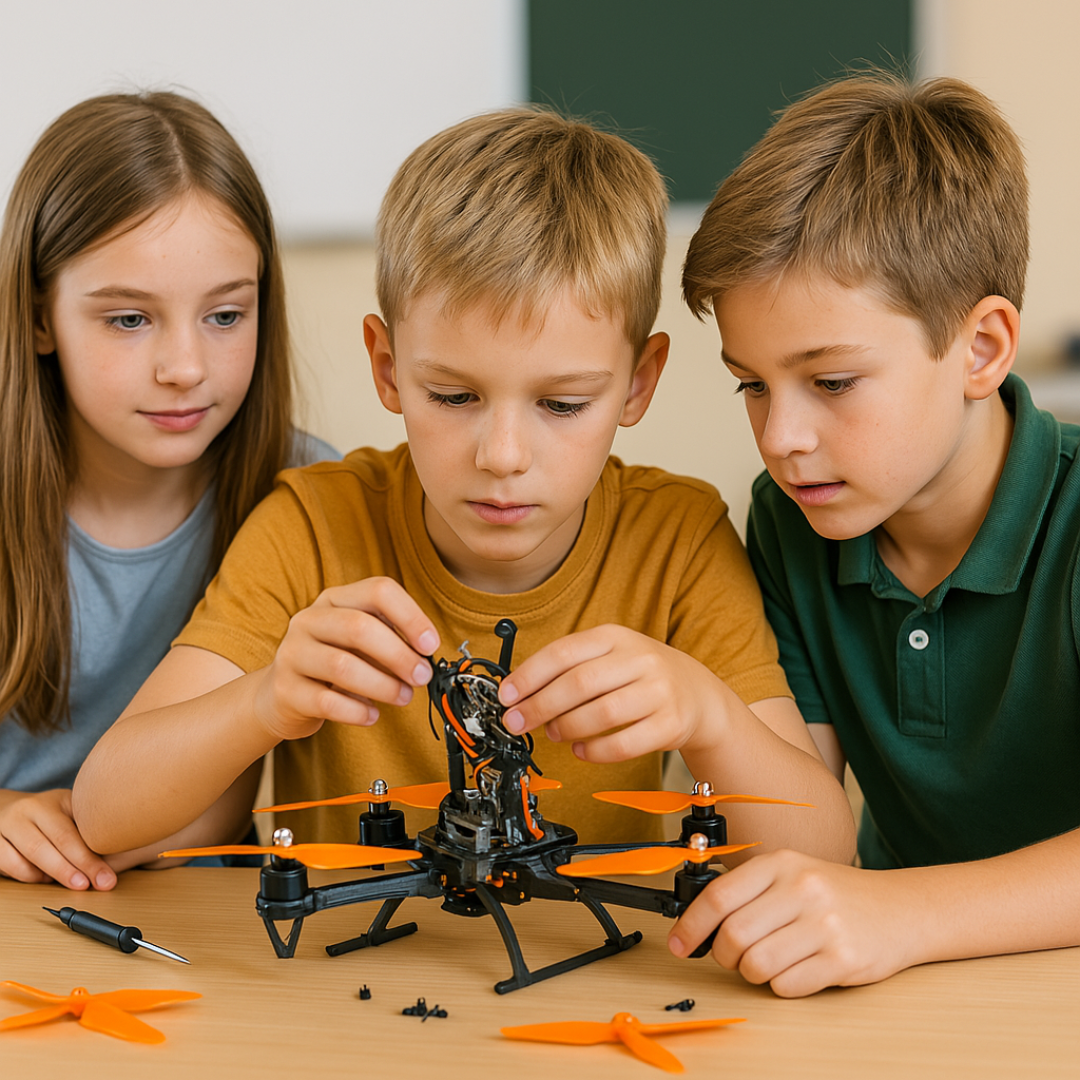 Drei Kinder im Robbo Club bauen gemeinsam eine Drohne und lernen dabei technische Grundlagen.