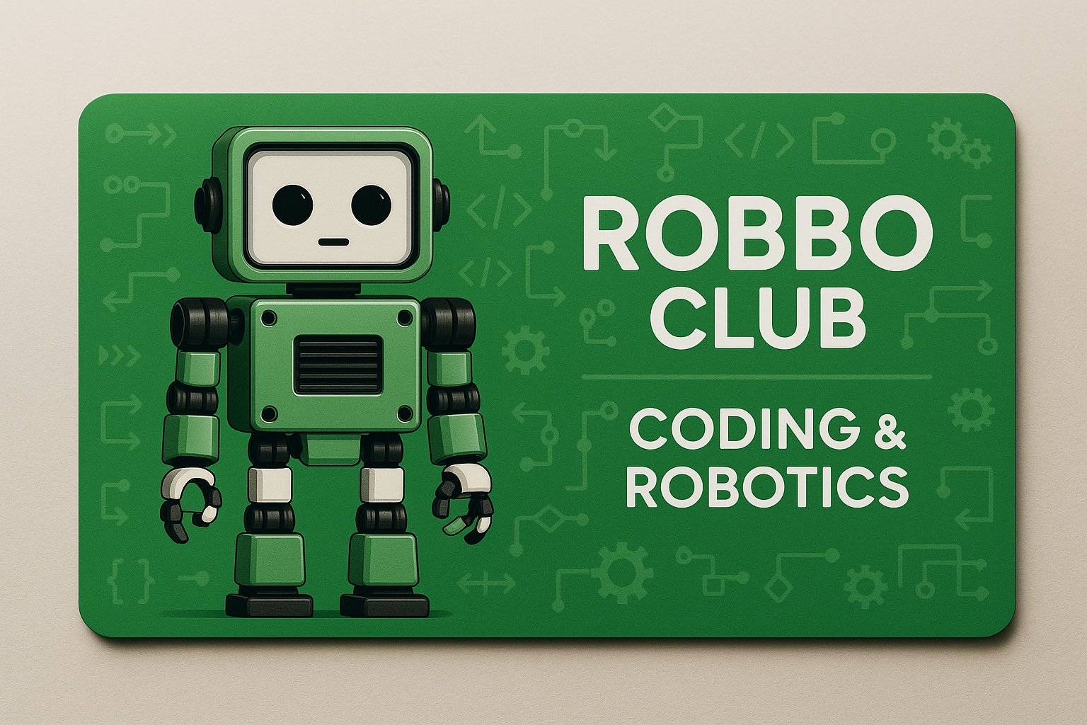Roboter-Maskottchen des Robbo Club auf einer grünen Mitgliedskarte mit Aufschrift ‚Coding & Robotics‘