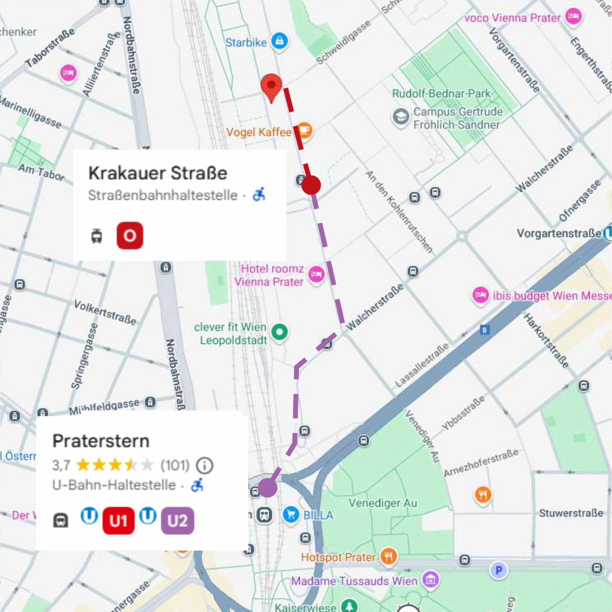 Routenkarte zum ROBBO Club Schweidlgasse 32 in 1020 Wien: Fußwege von der Straßenbahnhaltestelle Krakauer Straße und von der U-Bahn-Station Praterstern