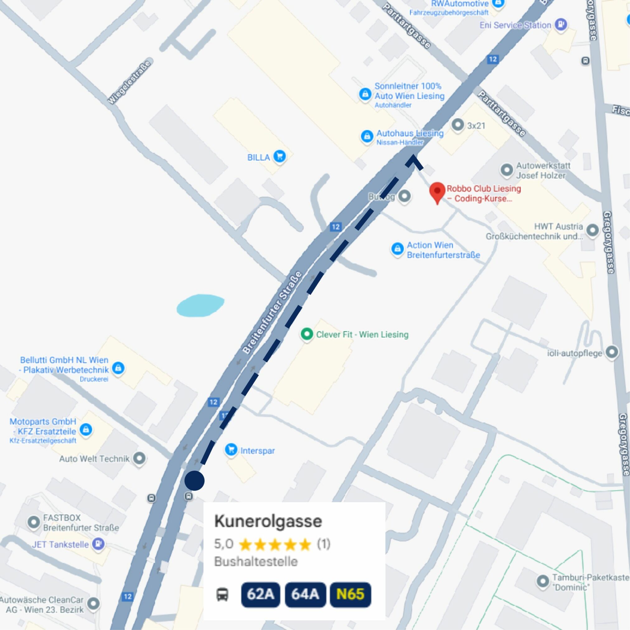 Routenkarte zum ROBBO Club Breitenfurter Straße 229 in 1230 Wien: Fußweg von der Bushaltestelle Kunerolgasse entlang der Breitenfurter Straße