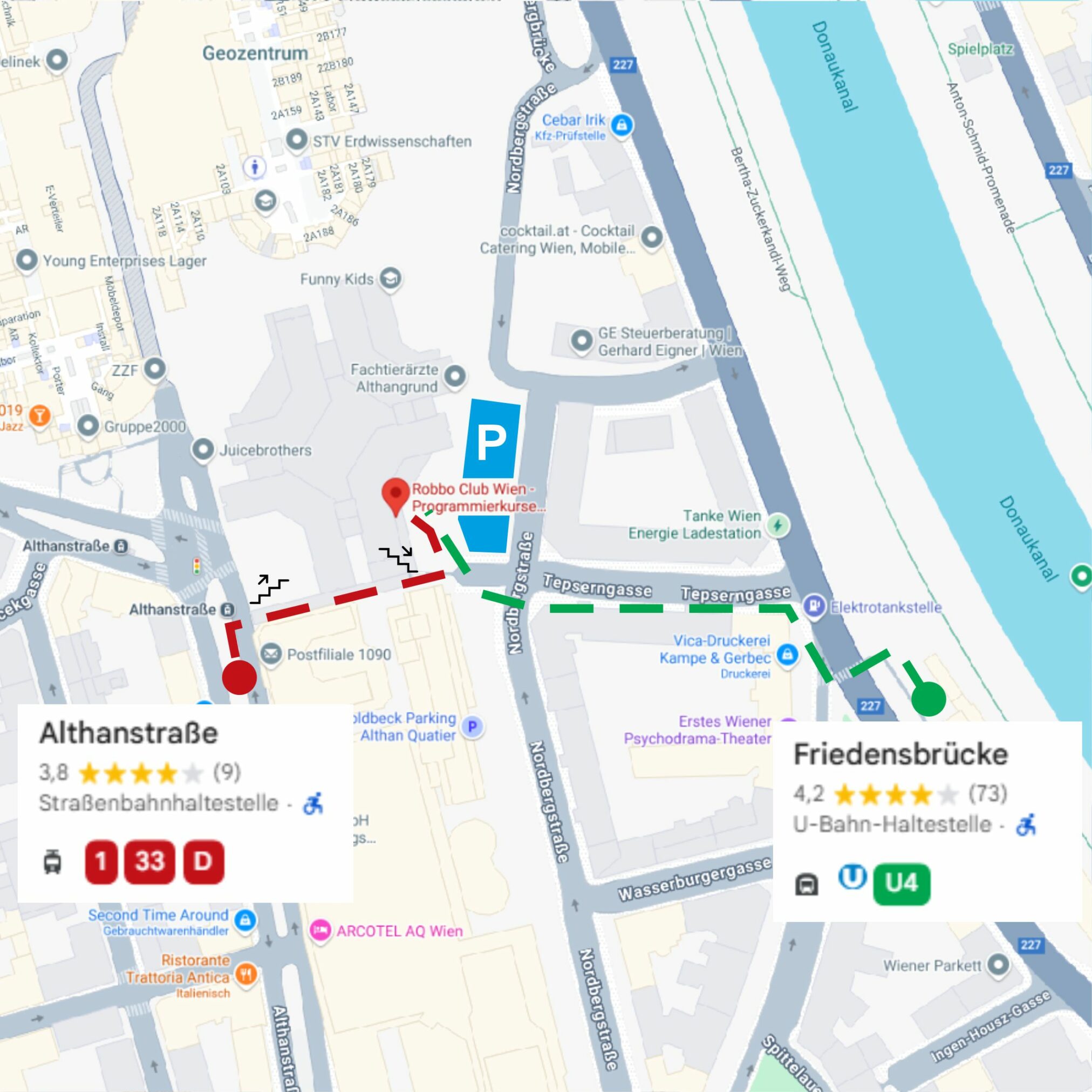 Routenkarte zum ROBBO Club Nordbergstraße 15 in 1090 Wien: Fußwege von der U4-Station Friedensbrücke und von der Straßenbahnhaltestelle Althanstraße, Parkfläche gegenüber dem Club