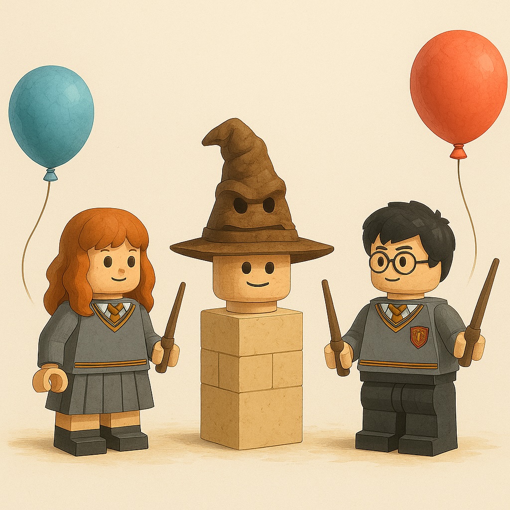 LEGO Harry Potter Figuren feiern mit dem sprechenden Hut und Luftballons